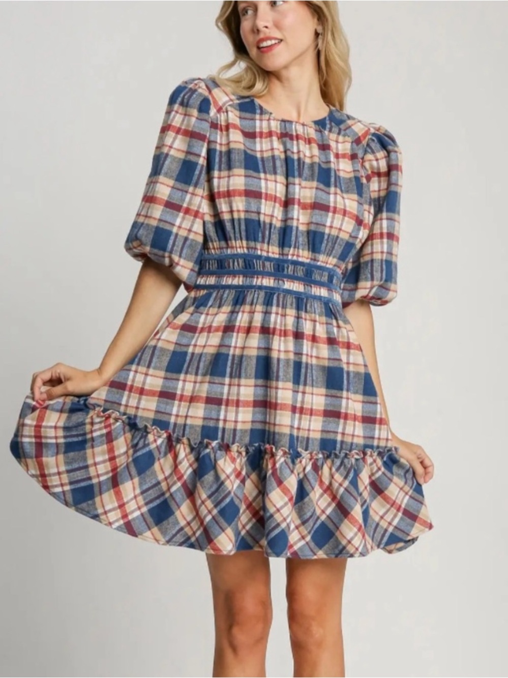 Umgee Plaid Puff Sleeve Mini Dress NWT | Fall Dress Cottagecore